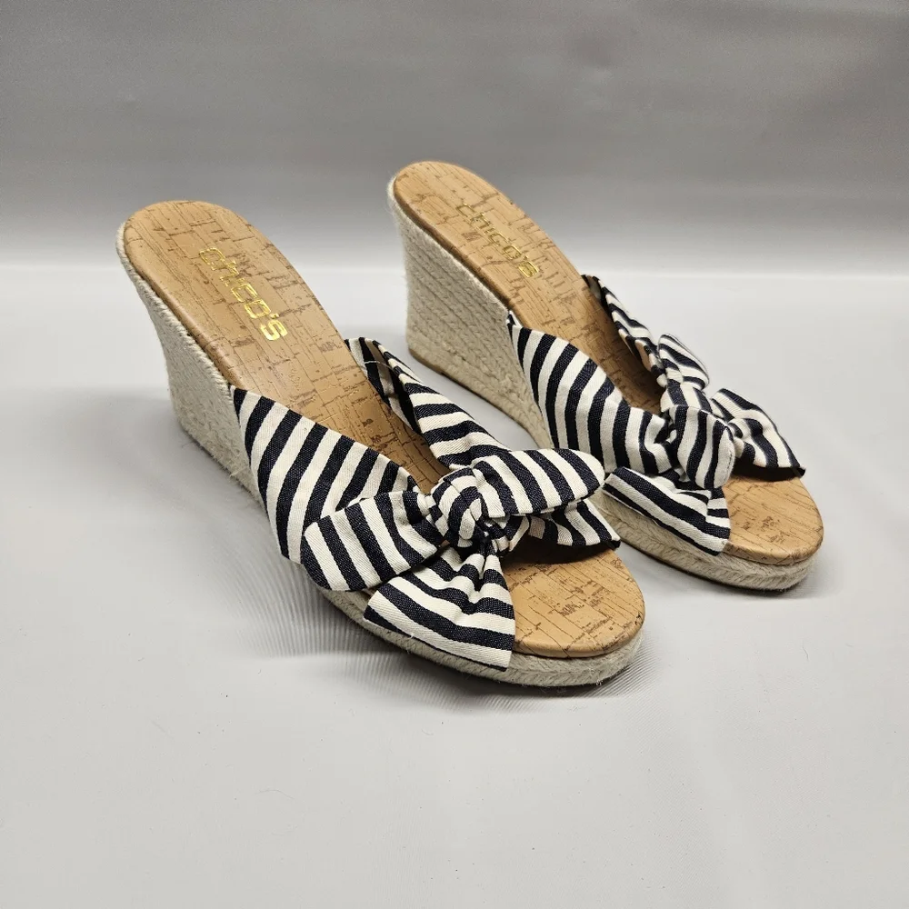 Chicos Wegde Heels Open Toe Espadrille Nautical Canvas Bow Blue Off White Womens